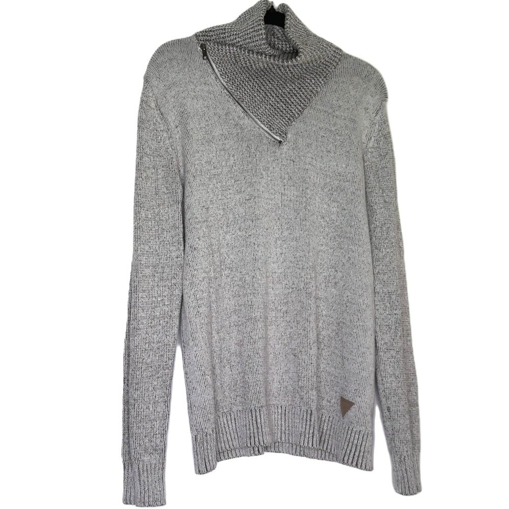 Guess Men's Cleo Sweater Ribbed Shawl Collar 1/4 Zip Knit Pullover Logo EUC L
